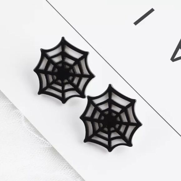 Spiderweb Spooky Halloween Goth Stud Earrings 1.25" - Picture 4 of 4